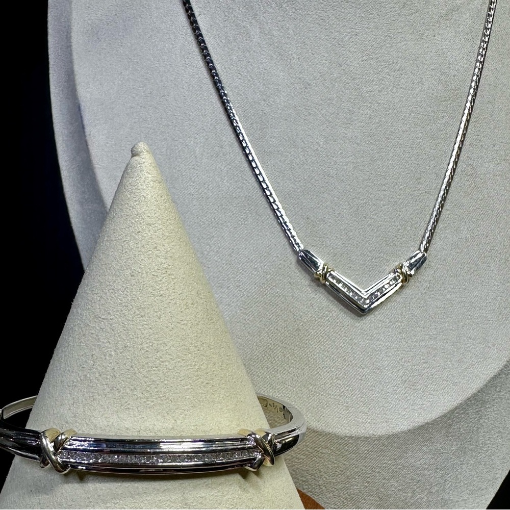 SET Heng Ngai 925 Silver Diamond V Shape Necklace 17” & Bracelet 7” LOT#190